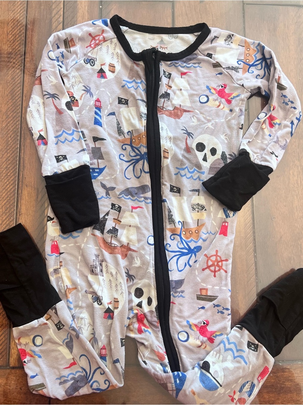Little Sleepies Gray Pirate & Nautical Print Footed Pajamas with Black Trim